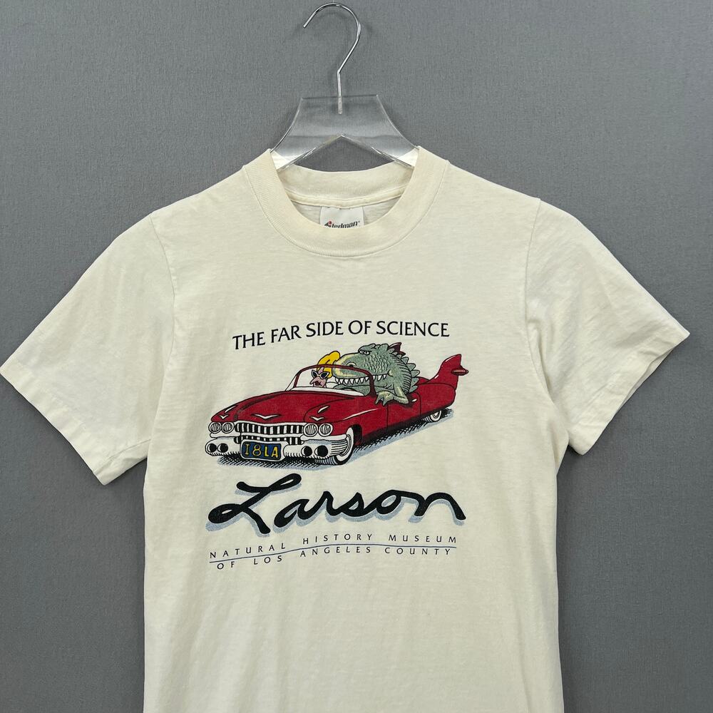 VINTAGE Far Side Larsen Short Sleeve Tee Mens S White Natural History Museum - Picture 3 of 11